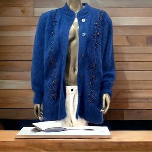 Vintage Lee Sands Cardigan Sweater Coat Angora Rabbit Blend BlueFuzzy Jacket~M-L